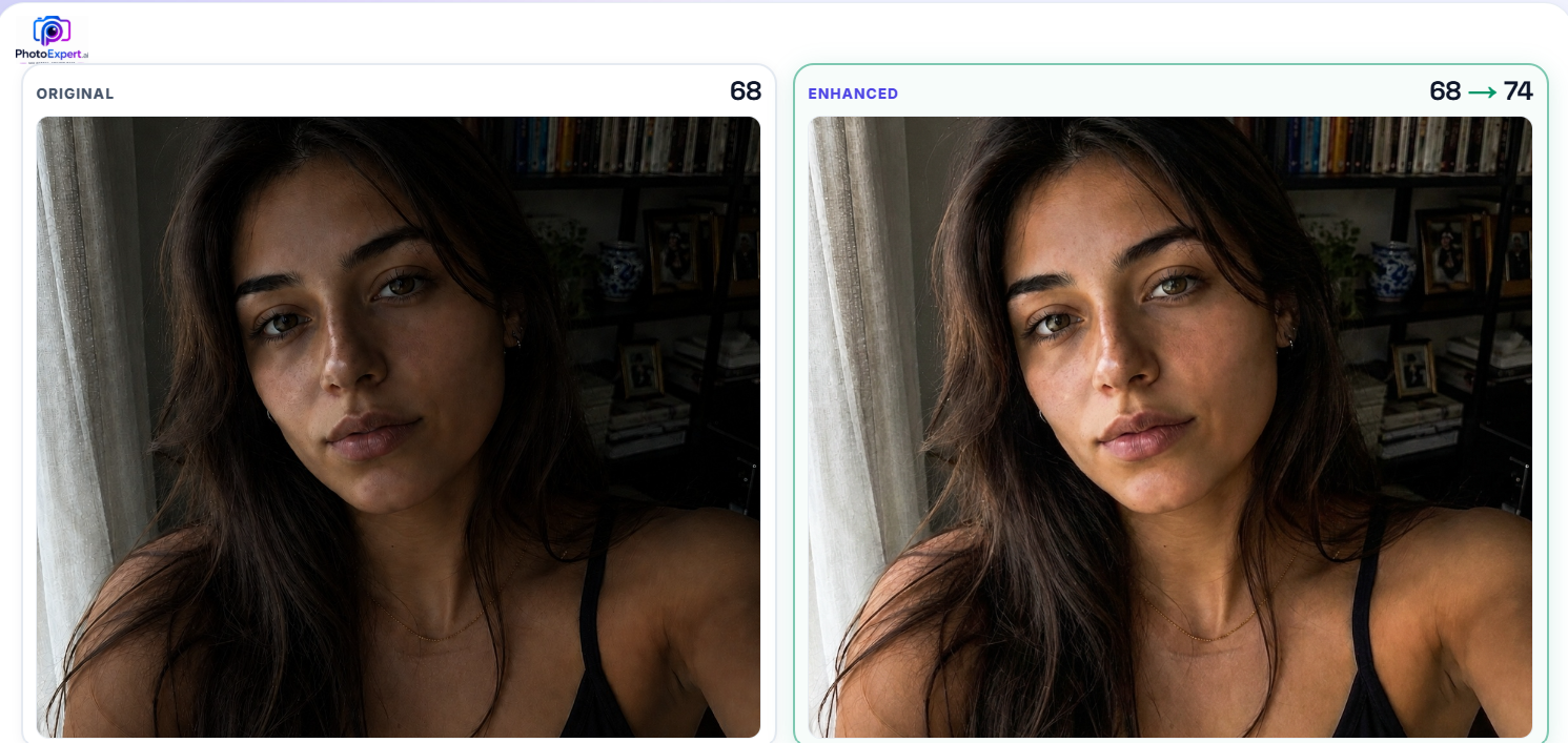 PhotoExpert.ai before and after selfie comparison showing Original and Enhanced versions with scores