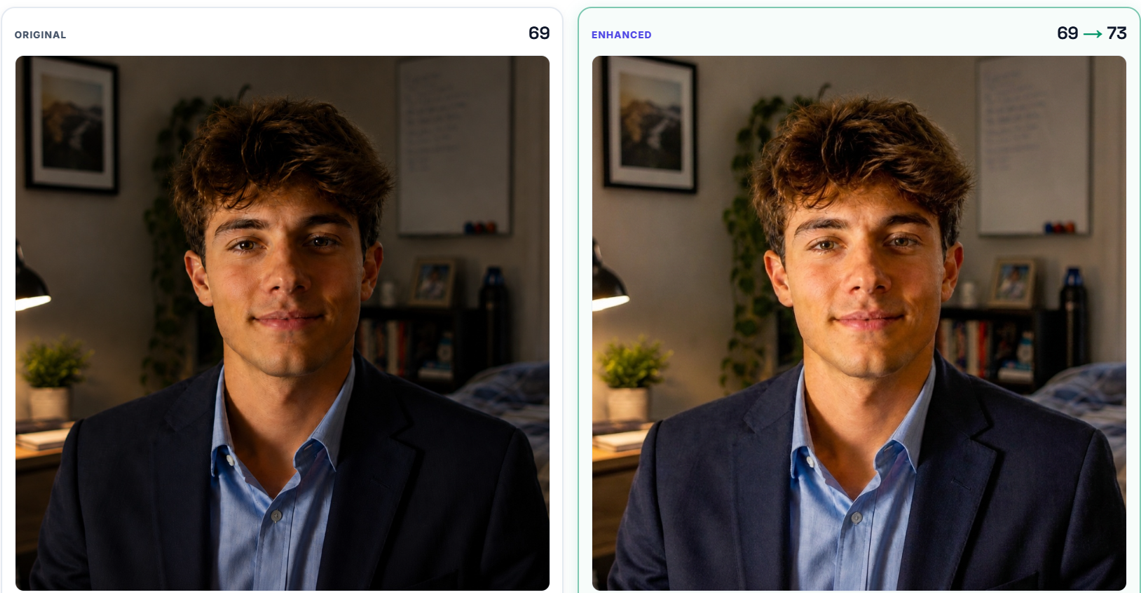 PhotoExpert before and after LinkedIn photo enhancement showing Original and Enhanced versions with scores