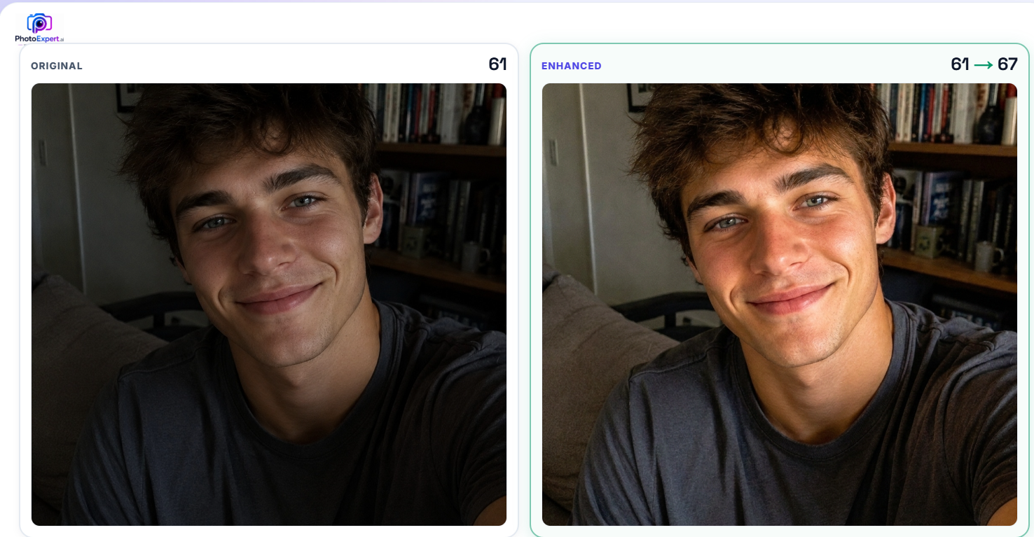 PhotoExpert.ai before and after dating profile photo comparison showing Original and Enhanced versions with scores